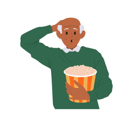 Senior man character feeling impressed scratching head eating popcorn while watching cinema movieのイラスト素材