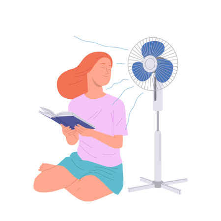 Young relaxed woman cartoon character reading book cooling off with electric propeller fan deviceのイラスト素材