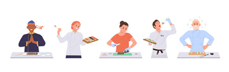Sushi master diverse cartoon people character wearing uniform preparing delicious oriental foodのイラスト素材