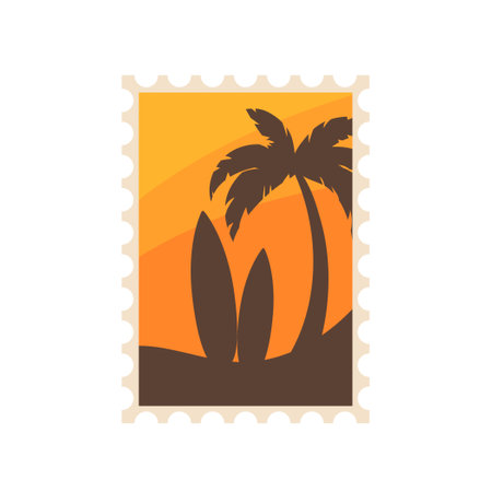 Postal stamp with tropical beach paradise landscape and surfboard isolated vector illustrationのイラスト素材