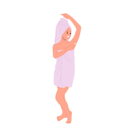 Smiling woman cartoon character removing hair from armpits shaving body isolated on whiteのイラスト素材