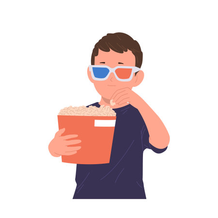 Cute little boy child cartoon character in 3d glasses eating popcorn snack watching film movieのイラスト素材