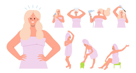 Woman everyday morning haircare and skincare spa beauty procedure isolated set on white backgroundのイラスト素材