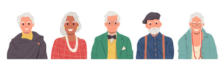 Portrait of trendy fashion old senior people cartoon characters wearing modern casual clothingのイラスト素材