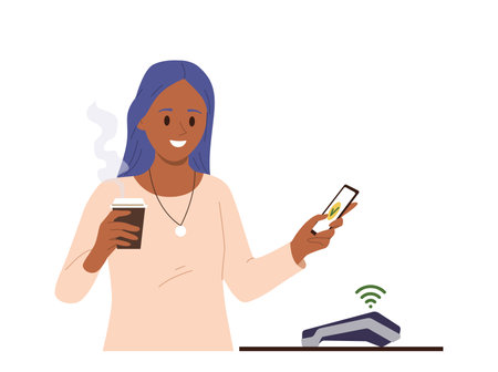 Young woman cartoon character paying for coffee using pos terminal and mobile banking serviceのイラスト素材