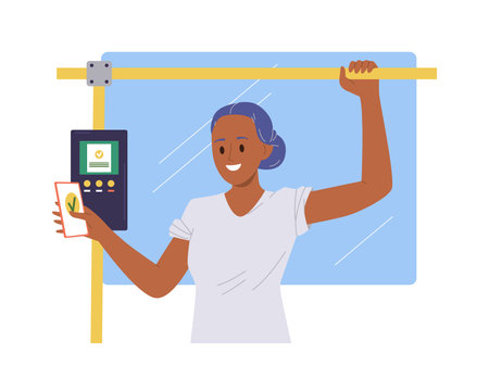 Woman passenger cartoon character paying for travel by subway or bus using contactless technologyのイラスト素材