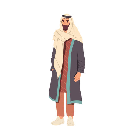 Adult arabic man cartoon character wearing traditional turban ethnic accessory and robe and pantsuitのイラスト素材