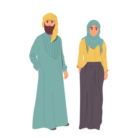 Arabic man and woman cartoon family couple characters wearing traditional oriental clothesのイラスト素材