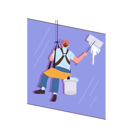 High-rise worker industrial alpinists cartoon character suspended on rope cleaning skyscraper windowのイラスト素材