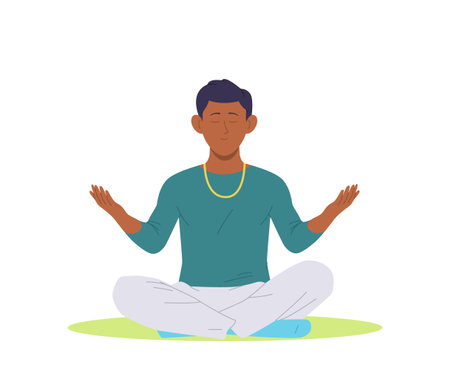 Calm man cartoon character meditating creating harmony and mindfulness feeling soul tranquilityのイラスト素材