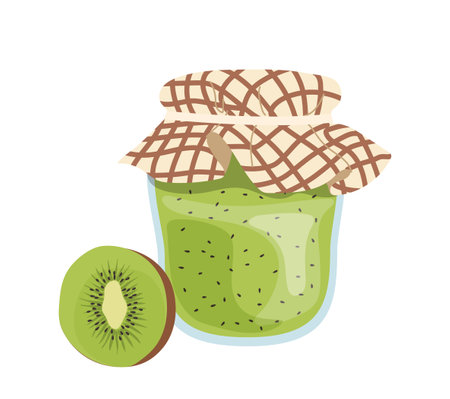 Natural juicy kiwi jam organic nourishment in canned glass bottle isolated on white backgroundのイラスト素材