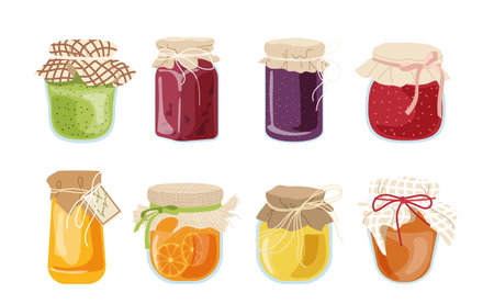 Sweet jam preserved food assortment, canned bottle with sugar snack collection isolated on whiteのイラスト素材