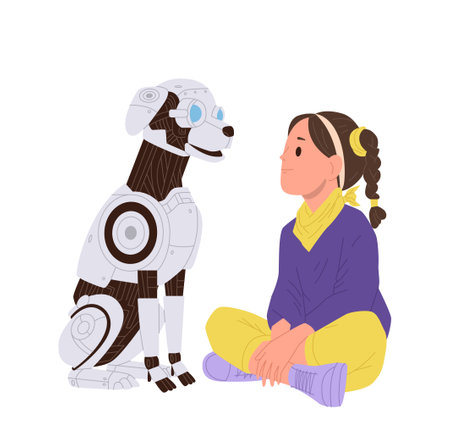 Preteen girl cartoon character spending time with robotic dog domestic pet animal isolated on whiteのイラスト素材