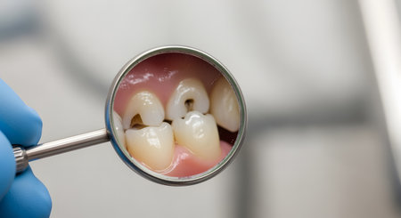 Close up of dental mirror showing tooth decay and cavities during oral examinationの素材