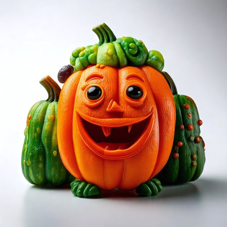 A playful 3D render of smiling pumpkin surrounded by colorful vegetables, perfect for festive decorations. vibrant colors and whimsical design evoke sense of fun and joyの素材