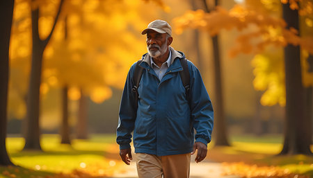 Elderly man walking in autumn park with yellow leaves wearing blue jacket and capの素材