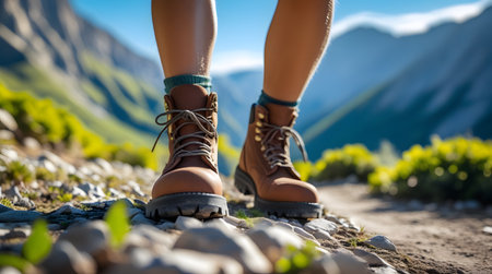 Exploring nature in sturdy hiking boots on rocky trail.の素材
