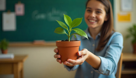 woman holds potted plant in classroom, showcasing her love for nature.の素材