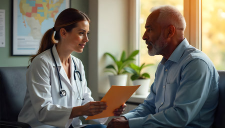 doctor discusses important health information with patient in warm setting.の素材