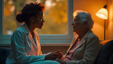 Caring interaction between nurse and elderly woman in warm light.の素材