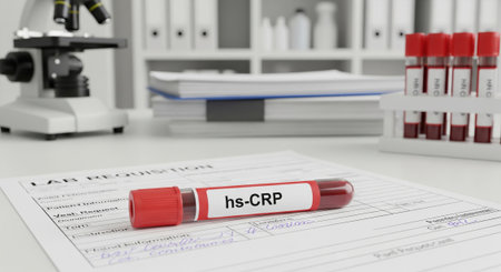 Laboratory requisition form with hs CRP blood sample in clinical setting.の素材