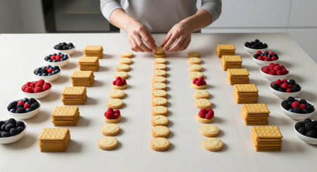 Arranging cookies and berries creates visually appealing display.の素材