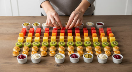 Creating colorful arrangement of fruits and desserts, this image showcases vibrant display.の素材