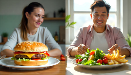 Young woman happy with cheeseburger and young man enjoying fresh salad with fries at homeの素材