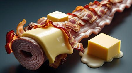 Rolled ham with melted cheese and crispy bacon slices on dark surfaceの素材