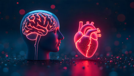 Human brain and heart glowing icons with abstract background, symbolizing emotion and intellectの素材