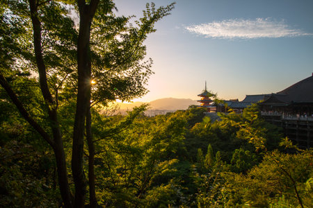 KYOTO - AUG 31, 2016: Beautiful sunset at Kiyomizu Dera, an independent Buddhist Temple in eastern Kyoto.のeditorial素材