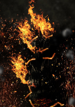 Fire flames with sparks on a black background. Flames of different shapes and sizes.の写真素材