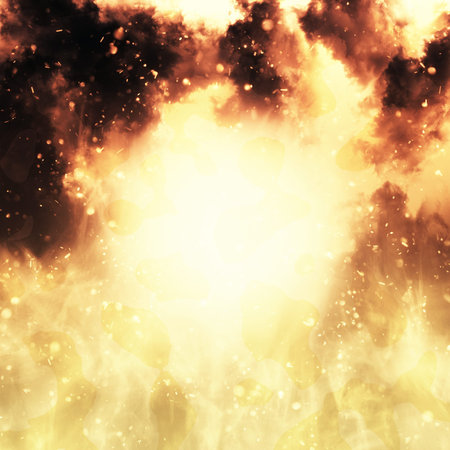 Huge, extremely hot explosion with sparks and hot smoke, against black background