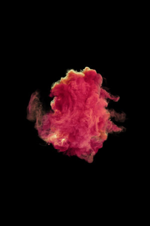 Full frame of forms and textures of an explosion of powder and smoke of color light red and dark red...