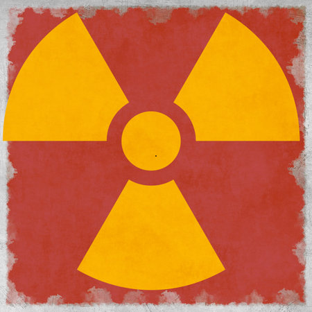 Nuclear energy radioactive (ionizing atomic radiation) round yellow symbol shape painted on massive...