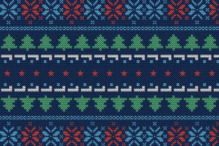 Ugly sweater Christmas Greeting Card X-mas Happy New Year. Vector illustration seamless knitted background pattern scandinavian ornaments. White, red, blue colors knitting. Flat style knitの写真素材
