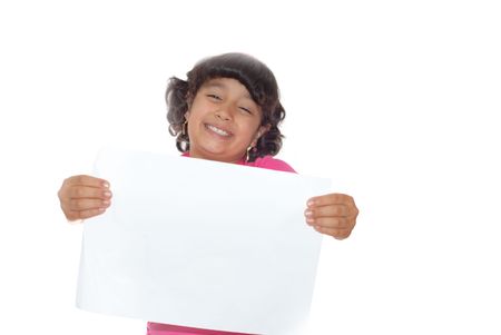 Smiling cute girl with blanck paper for advertisementの写真素材