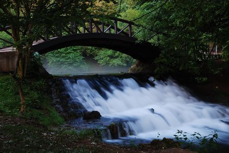 Nice river and bridge above in morningの写真素材