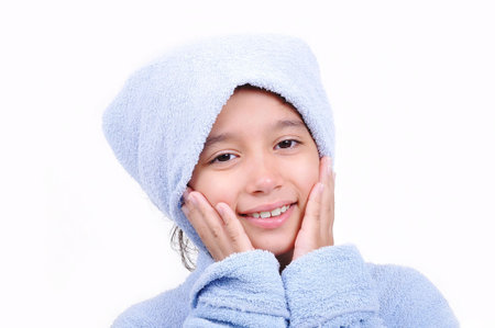 Beautiful happy childhood in robe, isolatedの写真素材