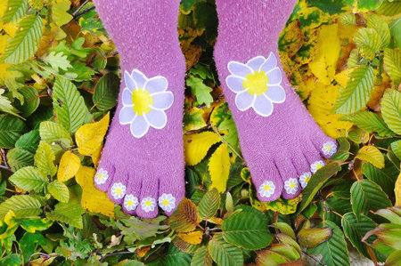 Two legs with socks standing on fall groundの写真素材