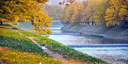Autumn scene, river and treesの写真素材
