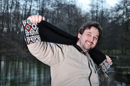 Young man, fall sceneの写真素材