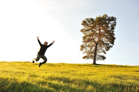 Motion on green meadow in natureの写真素材