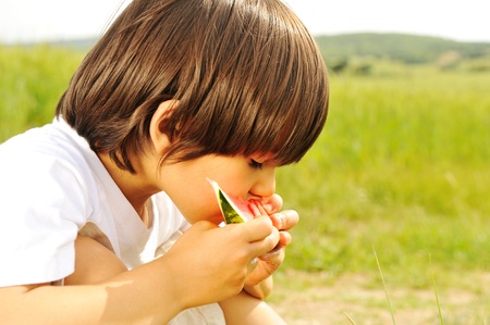 cute little boy eating watermelon on the grass in summertimeの写真素材