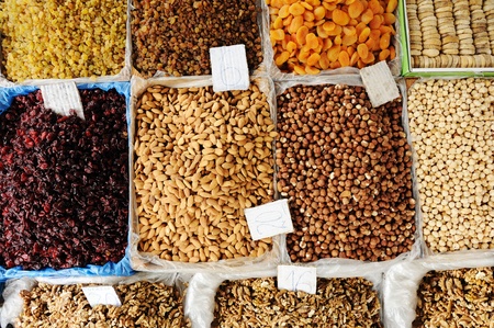 Dried fruits on market place, piazza, bazaarの写真素材