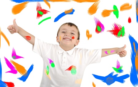 Happy kid with colors on backgroundの写真素材