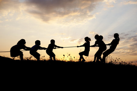 Silhouette, group of happy children playing on meadow, sunset, summertime