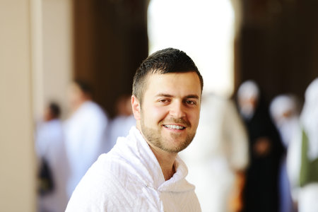 Muslim wearing ihram clothes and ready for Hajj