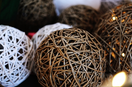 Christmas balls with various of gifts and green fir treeの写真素材