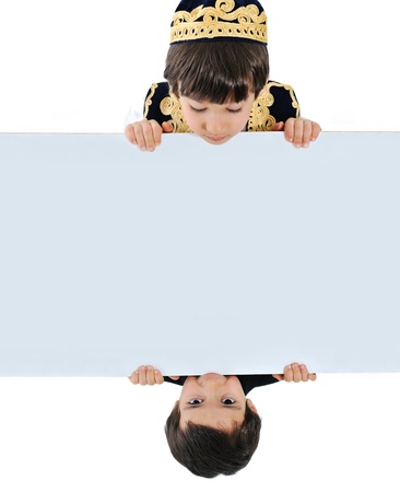 Two kids holding white bannerの写真素材
